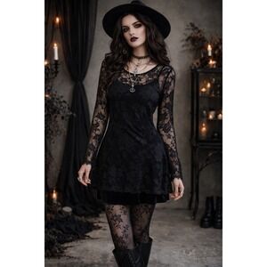 Aeropostale Mesh Floral Black Stretch‎ Lace L/S Womens Shirt Cami Y2K Whimsigoth